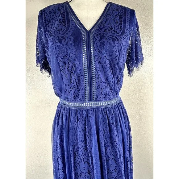 Merokeety Maxi Dress Lace Overlay Indigo Blue Boho Crochet Fringe Knit V Neck L - Picture 6 of 16